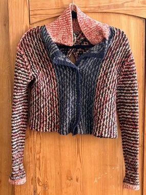 Free People XS Cropped Striped Knit Cardigan in Pink & Navy